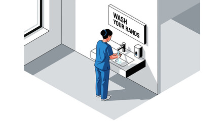 Healthcare professional diligently washing hands at a sink with a clear 'WASH YOUR HANDS' sign above, promoting hygiene