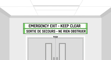 Vector illustration of a bilingual emergency exit sign in English and French above a clear pathway, symbolizing safety and evacuation preparedness