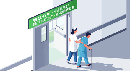 Emergency Exit Nurse Assisting Senior Man with Cane, Clear Signage