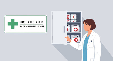 First Aid Station Medical Professional Accessing Supplies in a Well-Stocked Cabinet
