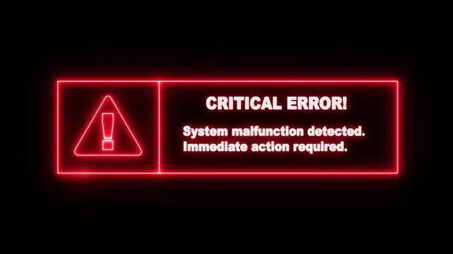 glowing neon Exclamation mark system failure style neon frame critical error icon on black background. system malfunction detected. immediate action required neon text sign.