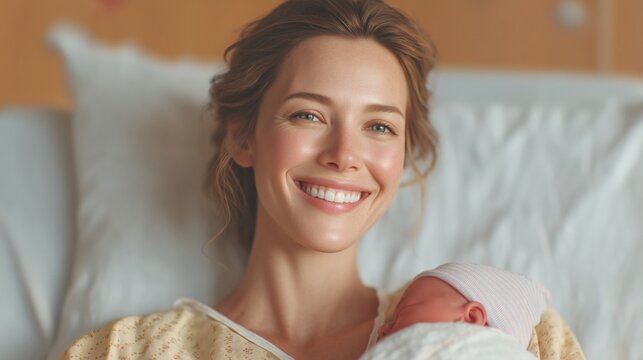 Smiling mother in a hospital bed holding her sleeping newborn baby in a swaddle and hat, a beautiful moment of post-delivery joy and relief - Powered by Adobe