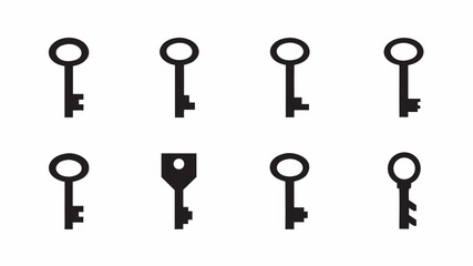 Illustration of eight stylized keys arranged in two rows on a white background showcasing security and access | editable eps vectors silhouette