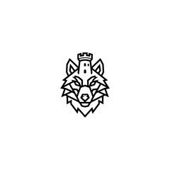 Linear black and white wolf head with castle, sharp edges on a white background