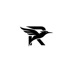 Letter R and bird silhouette in black on white, graphic logo, modern and minimalist