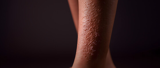 Close up on leg with psoriasis showing rough texture. It an uncomfortable skin condition with scaling and irritation