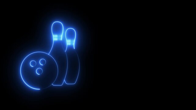 Glowing neon Bowling pin and ball icon isolated on black background.  Juggling clubs, circus skittles Sport equipment. 4K Video motion graphic animation .