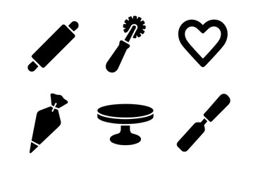 Baking tools icons set: rolling pin, pastry wheel, heart, icing bag, cake stand, spatula