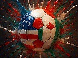 3D Soccer Ball with USA, Canada, Mexico Colors – Abstract Paint Splash Banner for World Cup 2026