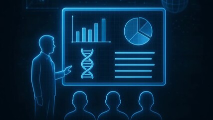 A professional giving a presentation with data visualizations, including graphs and DNA, to an engaged audience. - Powered by Adobe