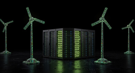 Futuristic renewable energy concept with glowing green server rack surrounded by stylized wind turbines against a dark background