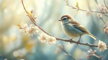 Fototapeta premium Spring bird sits on a blossoming branch, soft lighting, airy style for springtime cards, nature-themed branding, or seasonal blog headers.