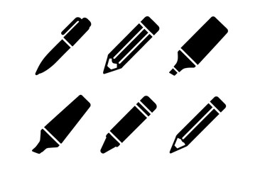 Silhouette icons of office pens and pencils in various styles