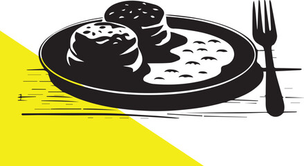 A dark silhouette of a plate with food and a fork nearby