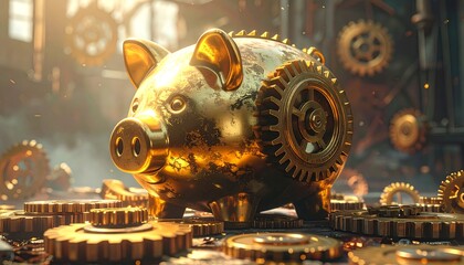 Golden Piggy Bank Gears Savings.
