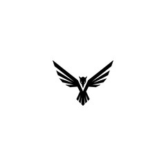 Stylized black silhouette of an owl in flight, wings outstretched, on white