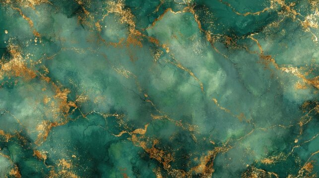 An elegant vintage green wallpaper with marbled stone texture, gold accents, and distressed edges, evoking old-world luxury.