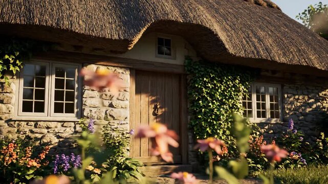 Cozy Thatched Cottage Surrounded by Colorful Garden Flowers