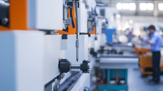 Precision automated machinery line for manufacturing. A worker inspects the facility in the background. Focus on a component.