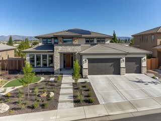 Fototapeta premium Expansive luxury modern residence with manicured landscaping and a wide concrete driveway leading to a three car garage under a clear blue sky