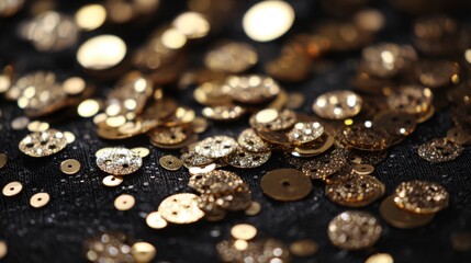 sparkling gold sequins on black textile