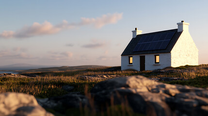 Rural Home with Solar Panels: A compact, rustic cottage sits atop a grassy knoll, fitted with solar panels, blending tradition and modern sustainability.