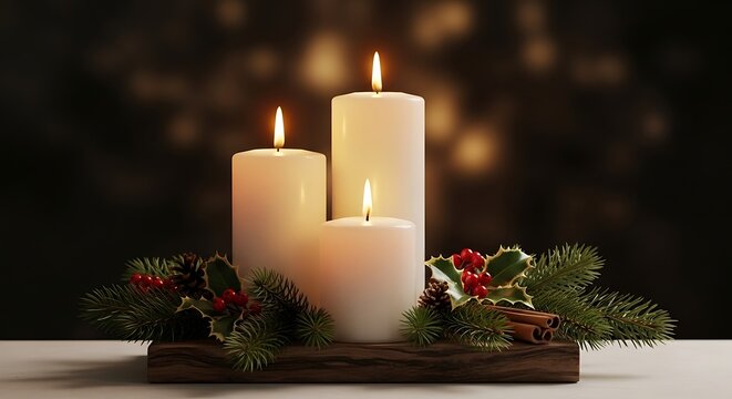 Cozy christmas scene with three lit candles and festive greenery - Powered by Adobe