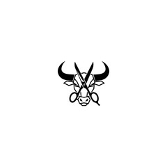 Graphic bull head with geometric style and scissors overlaid on its face in black