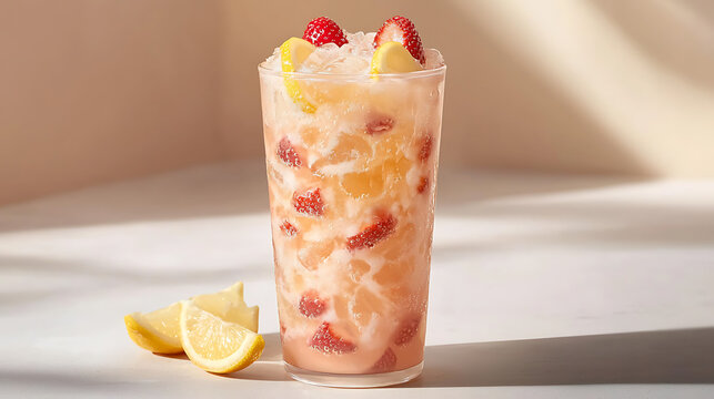 A glass of pink drink with a slice of lemon on the side