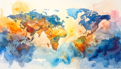 Colorful World Map Watercolor Painting.