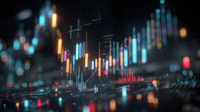 A futuristic stock market visualization with glowing graphs and financial data on a luxurious money-inspired backdrop.