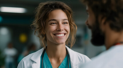 Woman doctor smiles, showing care and optimism, exuding compassion and professionalism in hospital corridor setting