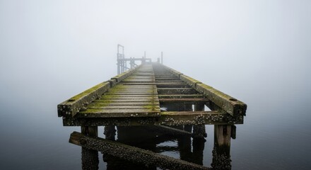 Eerie Fog Envelops Dilapidated Pier, Mossy Planks and Barnacle-Covered Supports