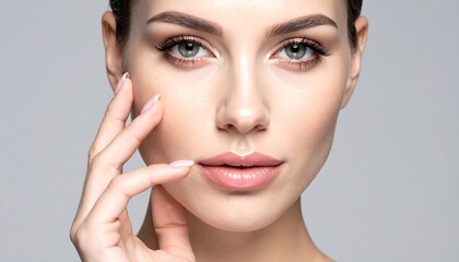 Fototapeta premium A close-up portrait depicts a fair-skinned person with expertly applied makeup. Her hand delicately touches her cheek, with intense focus on her eyes