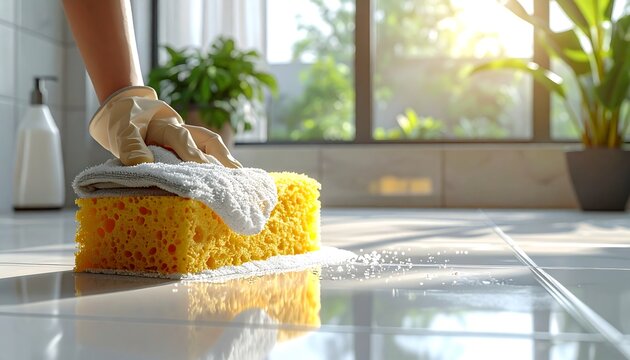 Cleaning Kitchen Counter with Sponge.