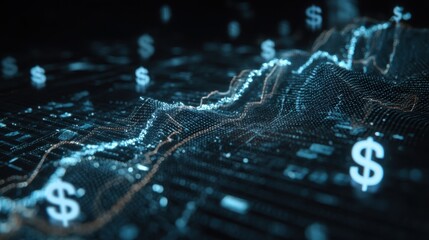 A high-tech financial dashboard with glowing graphs and holographic elements against an abstract money-inspired digital backdrop.