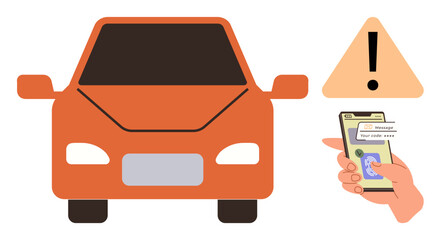Orange car with alert icon and hand using mobile phone emphasizes distracted driving and safety hazards. Ideal for transportation, safety, awareness, responsibility, technology risks, caution