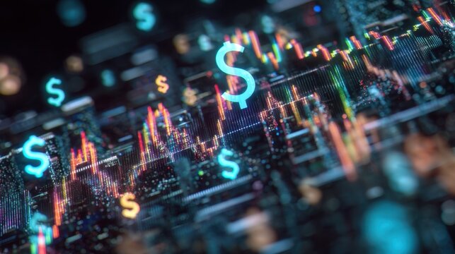 A high-tech financial dashboard with glowing graphs and holographic elements against an abstract money-inspired digital backdrop.