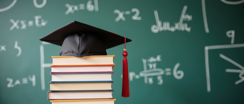Graduation cap on stacked books with mathematical equations in background symbolizes education and achievement