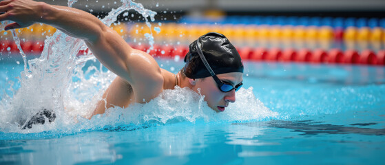 Swimmer performs butterfly stroke in competitive swimming pool, showcasing strength and focus. water splashes around, creating dynamic scene