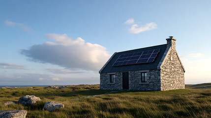 Obraz premium Stone cottage with solar panels nestled in a grassy field near the ocean under a blue sky with fluffy clouds. Sustainable living in a picturesque landscape.