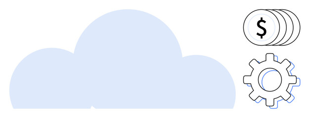 Cloud element with coins reflecting finance and gear showcasing functionality. Ideal for cloud computing, finance, innovation, technology, economy connection, productivity, workflow optimization