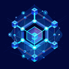 Abstract network of glowing blue cubes and nodes