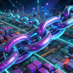 Futuristic digital chain links connect a cyberpunk cityscape