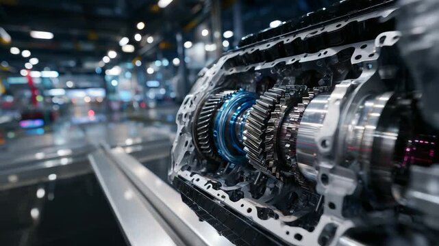 Explore the intricate craftsmanship of engineering with a detailed macro shot of gears, valves, and a polished engine block.