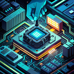 Hand installing a glowing central processing unit on a futuristic motherboard