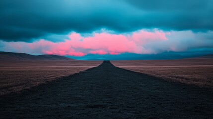 Serene Road Leading into Vibrant Sunset with Dramatic Clouds and Open Landscape