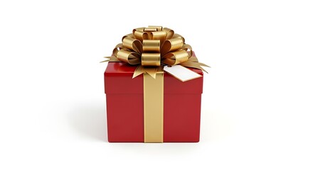 Fototapeta premium Elegant red gift box with golden bow and tag ready for celebration