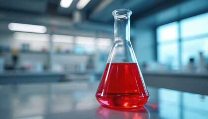 Glass laboratory flask with bright red liquid stands on table in science lab. Chemical experiment in progress with reagent in erlenmeyer flask at workplace in modern workplace.