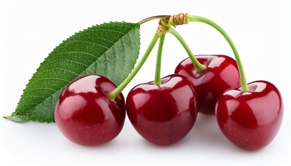 sweet cherries with leaves isolated on a white background